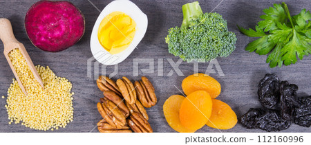 Food containing natural iron and other vitamins and minerals. Healthy eating 112160996