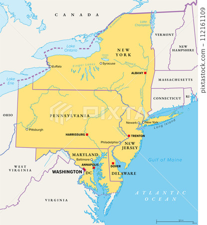 Mid-Atlantic region of the United States, political map. Located in the overlap between Northeastern and Southeastern states, including Delaware, D.C., Maryland, New Jersey, New York and Pennsylvania. 112161109
