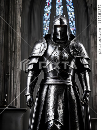 Silver knight in gothic church cinematic HDR 112161272