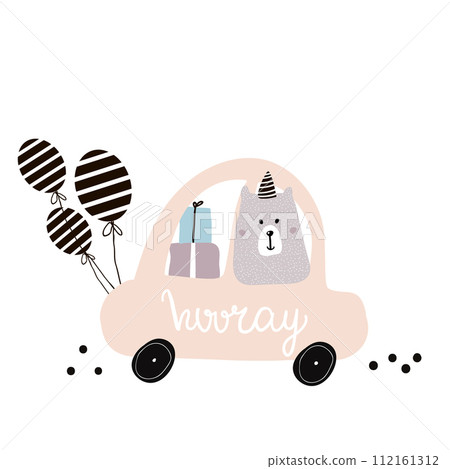 Hooray quote. Cute polar bear on cartoon car. Greeting card, posters, apparel 112161312