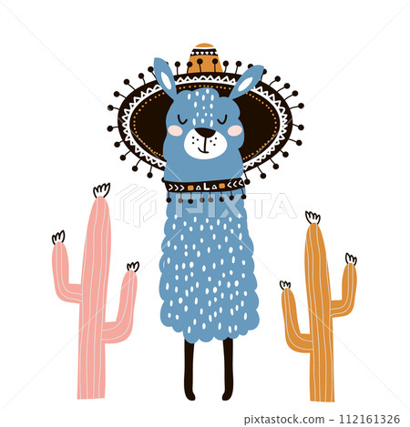 Cute cartoon llama with in tribal style. Childish print for nursery, kids apparel,poster, postcard. Vector Illustration 112161326