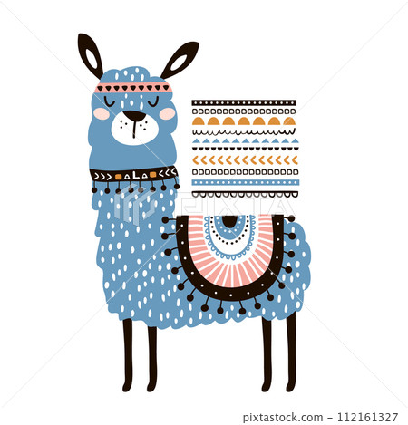 Cute cartoon llama with in tribal style. Childish print for nursery, kids apparel,poster, postcard. Vector Illustration 112161327