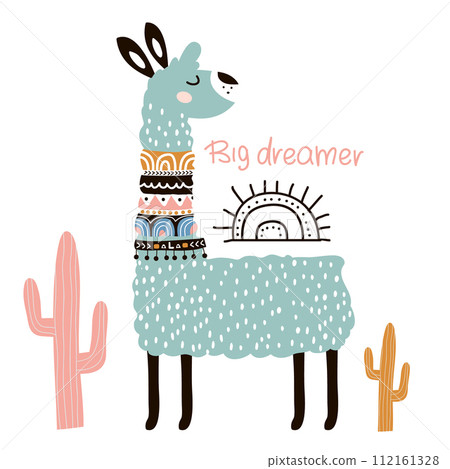Cute cartoon llama with in tribal style. Childish print for nursery, kids apparel,poster, postcard. Vector Illustration 112161328
