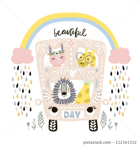 Cartoon bus with cute animals, rabbit girl, lion, giraffe print. Childish vector illustration great for kids apparel, nursery print,decoration Cartoon bus with cute animals, rabbit girl, lion, giraffe print. Childish vector illustration great for kids apparel, nursery print,decoration 112161332