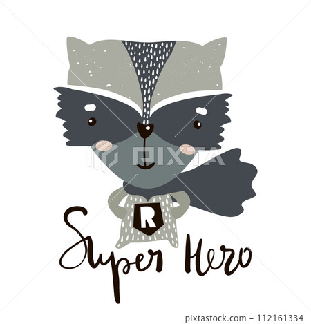 Cute cartoon little raccoon hero. Childish print for nursery, kids apparel,poster, postcard. Vector Illustration 112161334