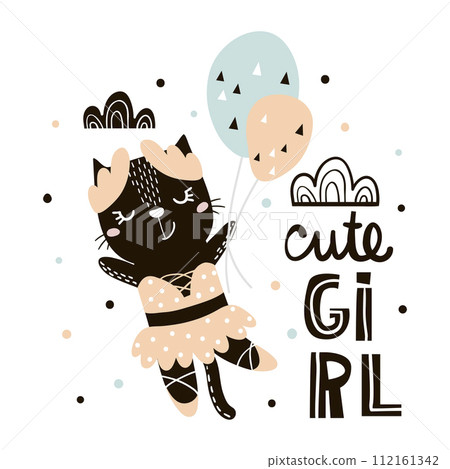 Cute cat ballerina with balloons print. Childish vector illustration in scandinavian style. Perfect for kids and baby apparel design, wall art, poster 112161342