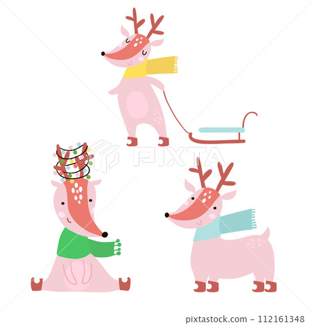 Cartoon winter deers set. Holiday clipart. Cute dears vector characters 112161348