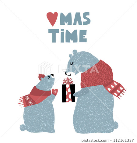 Cute winter greeting background with polar bears. Holiday and christmas illustration. It can be used for greeting card, posters, apparel 112161357