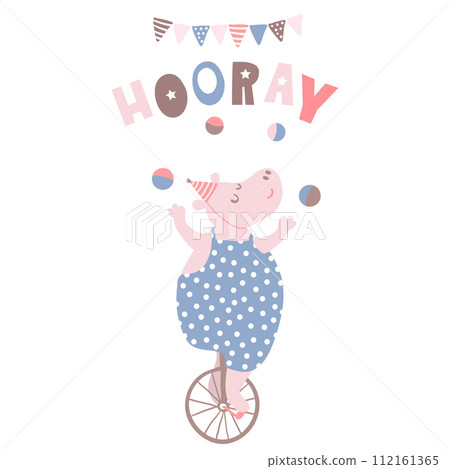 Cartoon hippo circus artist. Hippo on one wheel bicycle. Greeting background. Vector Illustrtion 112161365