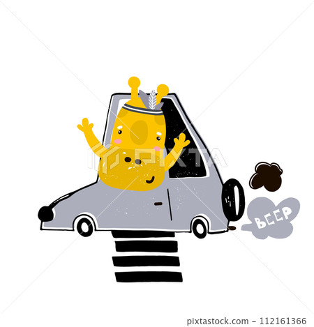 Cute cartoon giraffe on car print. Childish print for nursery, kids apparel,poster, postcard. Vector Illustration 112161366