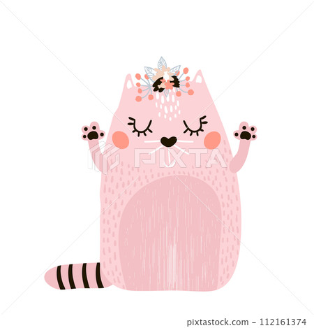 Cute cat girl with floral wreath isolated on white. Childish print for apparel, nursery, cards,posters. Vector Illustration 112161374