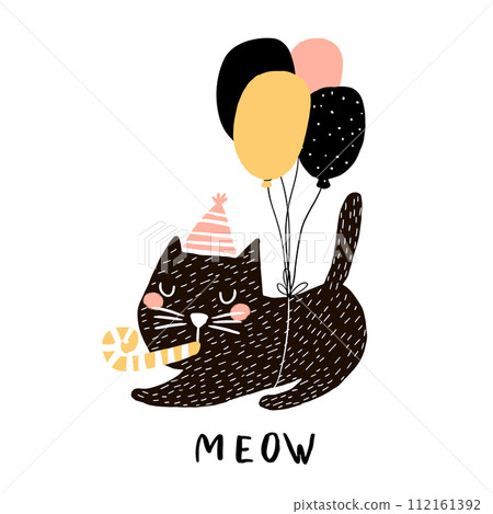 Cute cat illustration with balloons. Hand drawn with brush and ink creative kids print. Perfect for apparel, nursery decoration, cards, posters,baby shower 112161392