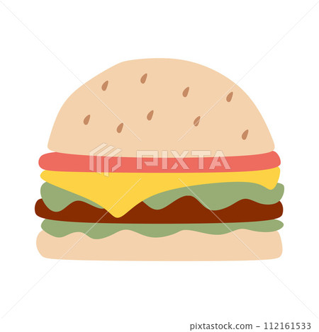 Hamburger Flat icon on White background. Burger with Salad, Tomatoes, Cheese and Cutlet. Fast food. Vector Cartoon illustration. Meal for Picnic, BBQ. Eating Concept. Design art, Graphic object. 112161533