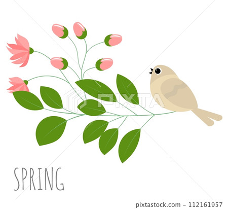 Spring. Blooming twig and bird. Elegant floral backdrop set with a place for text. Spring. Blooming twig and bird. Elegant floral backdrop set with a place for text. 112161957