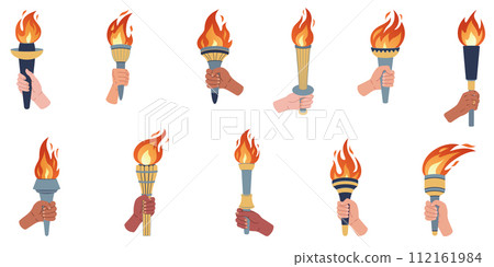 Hand holding a torch. Vector set. Vector illustration. 112161984