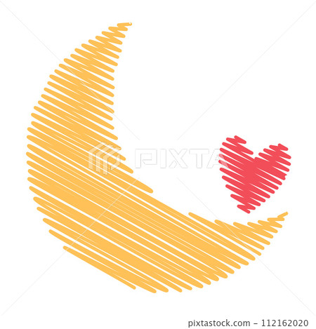 Crescent moon with heart line art, doodle icon. Vector illustration, romance elements.  112162020