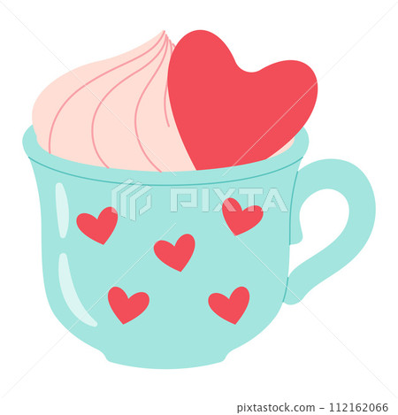 Pink coffee mug. Ceramic mug with red hearts. Trendy flat vector illustration.  112162066