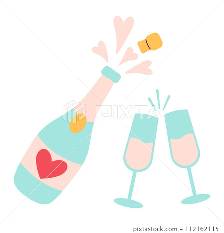 Champagne Bottle and Wineglasses flat style. Retro. Cartoon Vector Illustration Champagne Bottle and Wineglasses flat style. Retro. Cartoon Vector Illustration 112162115