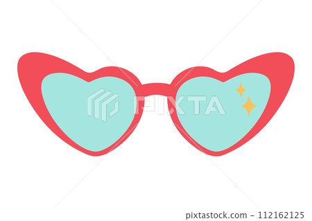 Red heart shape retro valentines sunglasses. Simple Hand Drawn. Retro style. flat vector. 112162125