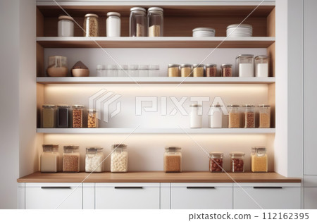 Storage organization at cupboard. Groceries in glass jars arranged on wall shelves. Organizing the kitchen pantry for foodstuff. Home design. Preserved foods, healthy eating, legumes, bulk items. Storage organization at cupboard. Groceries in glass jars arranged on wall shelves. Organizing the kitchen pantry for foodstuff. Home design. Preserved foods, healthy eating, legumes, bulk items. 112162395
