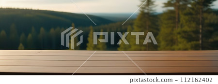 Empty rustic table top with blurred landscape background of spring nordic forest. Sunset sky. Abstract wooden counter. Mockup for Eco tourism, hiking ad. Free space for text. Frame for display. 112162402