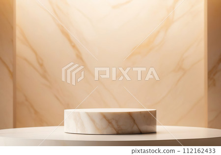 Round Podium for Cosmetic, Soap, Items Presentation. Abstract Minimal Geometric Pedestal. Cylinder One Form, Soft Shadow. Scene to Show Product, Object. Showcase, Display Case. Stand. Beige Backdrop 112162433