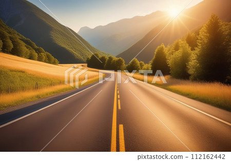 Road with marking in summer day. Empty asphalt texture close up. Panoramic skyline. Highway Valley. Beautiful curved roadway to horizon, blue sky, clouds. Road landscape. Mountain pass at sunset Road with marking in summer day. Empty asphalt texture close up. Panoramic skyline. Highway Valley. Beautiful curved roadway to horizon, blue sky, clouds. Road landscape. Mountain pass at sunset 112162442