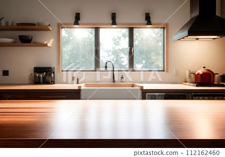 Empty wooden table top counter near a big window. Wood tabletop over defocused kitchen background. Trendy stylish desk space for product presentation, blur light modern cooking interior. Ai Generated 112162460
