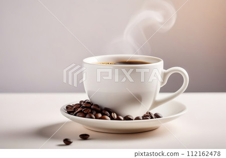 Cup of coffee and saucer. White classic ceramic mug filling a hot black coffee isolated on a beige studio background. Steaming flowing smoke. Coffee beans on a table. Copy space, front view, banner. 112162478