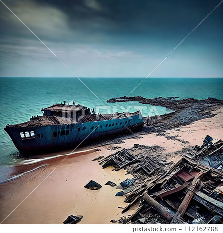 Shipwrecked World. Post-apocalyptic coastal scene with sunken ships, washed-up debris 112162788