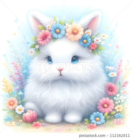 A fluffy white rabbit sitting in a field of flowers. A fluffy white rabbit sitting in a field of flowers. 112162811