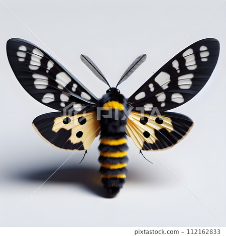A black and yellow moth with wings spread wide. 112162833