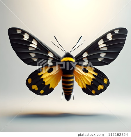 A black and yellow moth with wings spread wide. 112162834