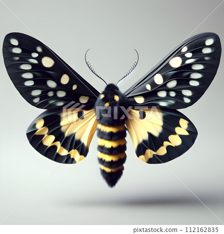 A black and yellow moth with wings spread wide. 112162835