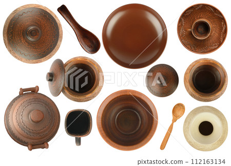 Variety of clay and ceramic products for cooking isolated on white. Top view. Variety of clay and ceramic products for cooking isolated on white. Top view. 112163134