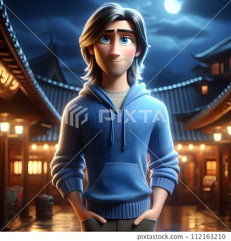 Poster blue guy with blue eyes with blue long hair. Poster blue guy with blue eyes with blue long hair. 112163210