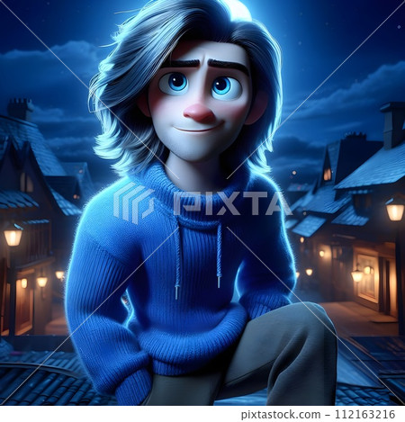 Poster blue guy with blue eyes with blue long hair. Poster blue guy with blue eyes with blue long hair. 112163216