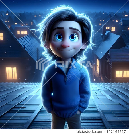 Poster blue guy with blue eyes with blue long hair.  112163217