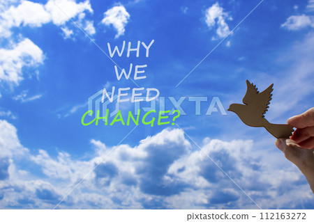 Why we need change symbol. Concept words Why we need change. Beautiful blue sky cloud background. Voter hand with wooden bird. Business and why we need change concept. Copy space. Why we need change symbol. Concept words Why we need change. Beautiful blue sky cloud background. Voter hand with wooden bird. Business and why we need change concept. Copy space. 112163272