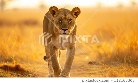 A lioness walking in the Tanzanian savannah 112163303