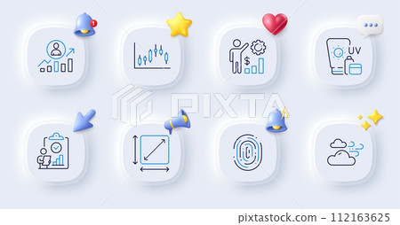 Square area, Sunscreen and Employees wealth line icons. Buttons with 3d bell, chat speech, cursor. Pack of Candlestick graph, Windy weather, Fingerprint icon. Career ladder, Inspect pictogram. Vector 112163625