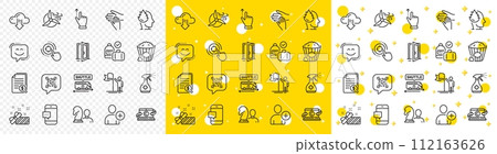 Outline Financial documents, Volunteer and Leadership line icons pack for web with Smile face, Qr code, Carry-on baggage line icon. Add user, Medical cleaning, Seo target pictogram icon. Vector 112163626