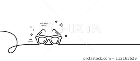Travel sunglasses line icon. Continuous one line with curl. Trip sun glasses sign. Holidays symbol. Sunglasses single outline ribbon. Loop curve pattern. Vector Travel sunglasses line icon. Continuous one line with curl. Trip sun glasses sign. Holidays symbol. Sunglasses single outline ribbon. Loop curve pattern. Vector 112163629