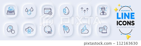 Thoughts, Calendar and No alcohol line icons for web app. Pack of 360 degrees, File storage, Swipe up pictogram icons. Waterproof, Work time, Support consultant signs. Typewriter. Vector 112163630