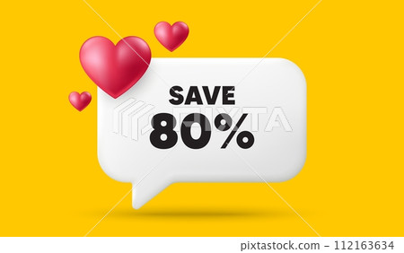 Save 80 percent off tag. 3d speech bubble banner with hearts. Sale Discount offer price sign. Special offer symbol. Discount chat speech message. 3d offer talk box. Vector Save 80 percent off tag. 3d speech bubble banner with hearts. Sale Discount offer price sign. Special offer symbol. Discount chat speech message. 3d offer talk box. Vector 112163634