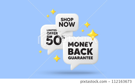 Money back guarantee tag. 3d offer chat speech bubbles. Promo offer sign. Advertising promotion symbol. Money back guarantee speech bubble 3d message. Talk box stars banner. Vector 112163673