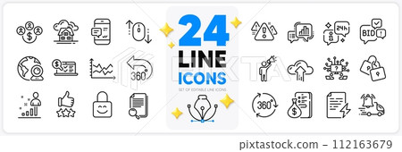 Icons set of Diagram chart, Building and 360 degrees line icons pack for app with Money, Graph chart, Info thin outline icon. Scroll down, Power certificate, Teamwork question pictogram. Vector Icons set of Diagram chart, Building and 360 degrees line icons pack for app with Money, Graph chart, Info thin outline icon. Scroll down, Power certificate, Teamwork question pictogram. Vector 112163679