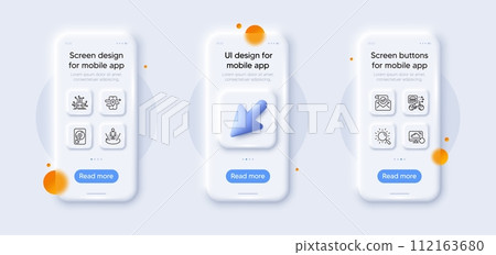 Augmented reality, Search and Gps line icons pack. 3d phone mockups with cursor. Glass smartphone screen. Puzzle options, Hdd, Confirmed mail web icon. Food delivery, Recovery cloud pictogram. Vector 112163680