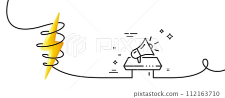 Megaphone line icon. Continuous one line with curl. Advertisement device symbol. Brand ambassador loudspeaker sign. Megaphone single outline ribbon. Loop curve with energy. Vector 112163710