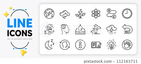 Engineering, Thunderstorm weather and Moon line icons set for app include Eco power, Feedback, Waterproof outline thin icon. Info, Cloud share, Chemistry atom pictogram icon. Idea, Face idTime. Vector 112163711